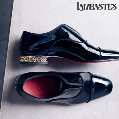 Gold Geometric Heel Patent Leather Mens Loafers Polished Glossy Upper Red Lining Formal Dress Shoes Embossed Gold Heel Loafers