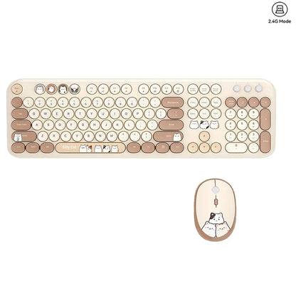 Full Size Wireless Keyboard Mouse Combo 104 Keys Retro Cute Cat Design Plug and Play Keyboard Mouse Set for Windows 7/8/10/XP