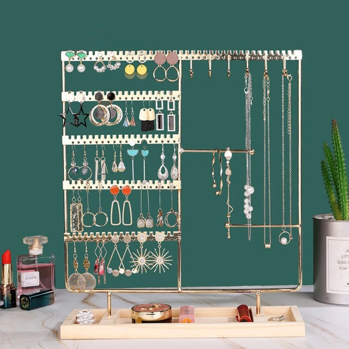 Metal Jewelry Organizer Stand with Wooden Tray - Multi-Functional Storage for Earrings, Necklaces, Bracelets & Rings