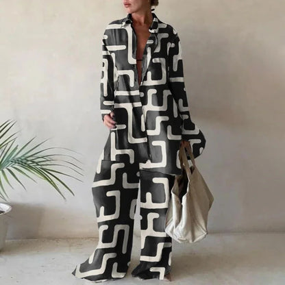 Spring Autumn Fashion Sets Women Long Sleeve Lapel Printed Casual Elegant Beach Loose Wide Legs Trousers Ladies Two Piece Suits