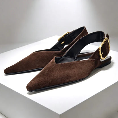 Fashion Metal Buckle Design Flat Sandals Women 2026 New Brown Suede Pointed Toe Slingback Designer Shoes Comfortable Women Shoes