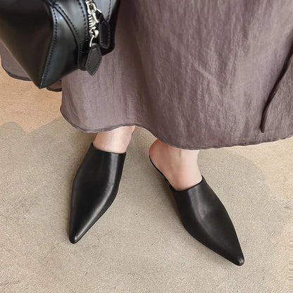 2025 New Mueller Slippers Genuine Leather Women Shoes Sexy Pointed Toe Summer Shoes Ladies Snake Pattern Black White Party Shoes