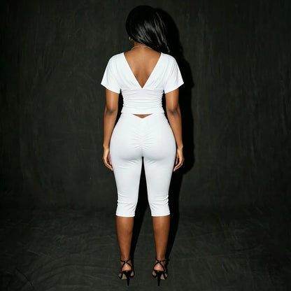 Women Sexy 2 Piece Pant Sets Summer Club Party Batwing Sleeve V Neck Crop Top Capri Pants Matching Set Beach Vacation Outfits