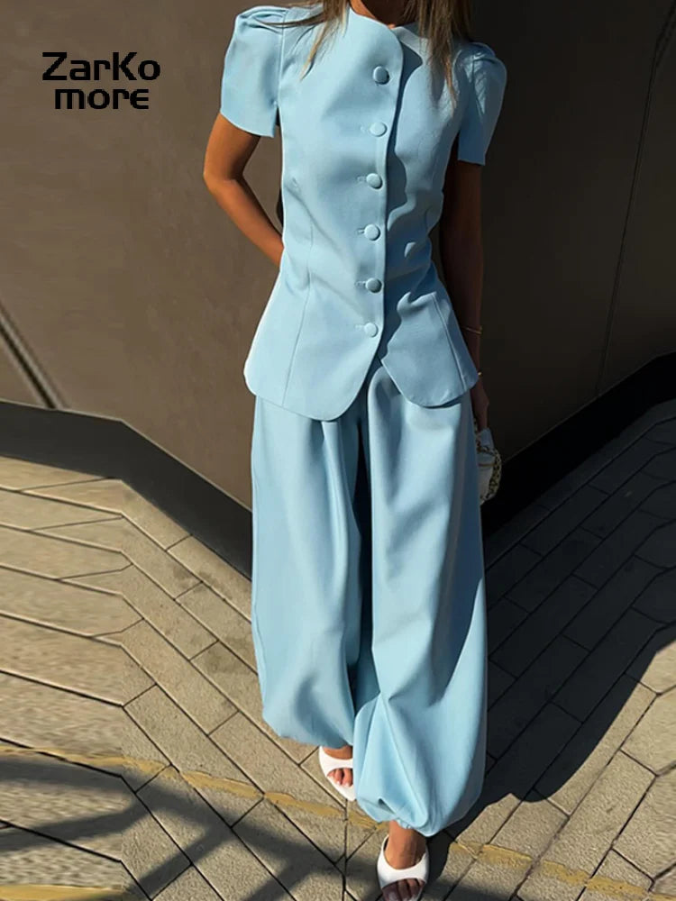 Casual Women's Waist Cinched Blazer Pants Set O-neck Puff Sleeve Shirts Loose Lantern Pant 2026 Summer Lady Chic Commute Suit