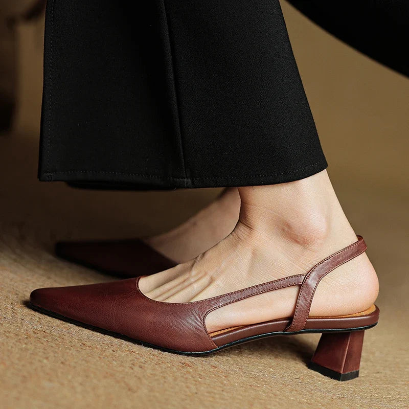 2025 Summer Women Sandals Genuine Leather Women Shoes Cover Toe Slingback Shoes Pointed Toe Med Heel Concise Designer Sandals