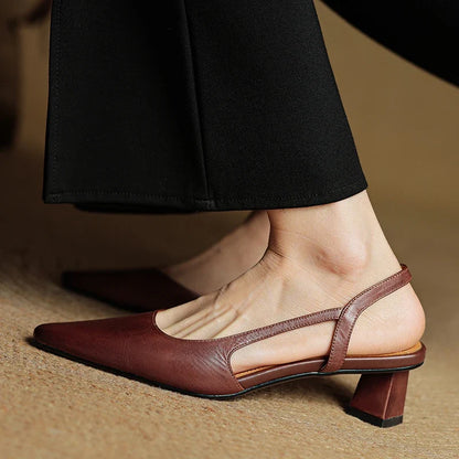 2025 Summer Women Sandals Genuine Leather Women Shoes Cover Toe Slingback Shoes Pointed Toe Med Heel Concise Designer Sandals