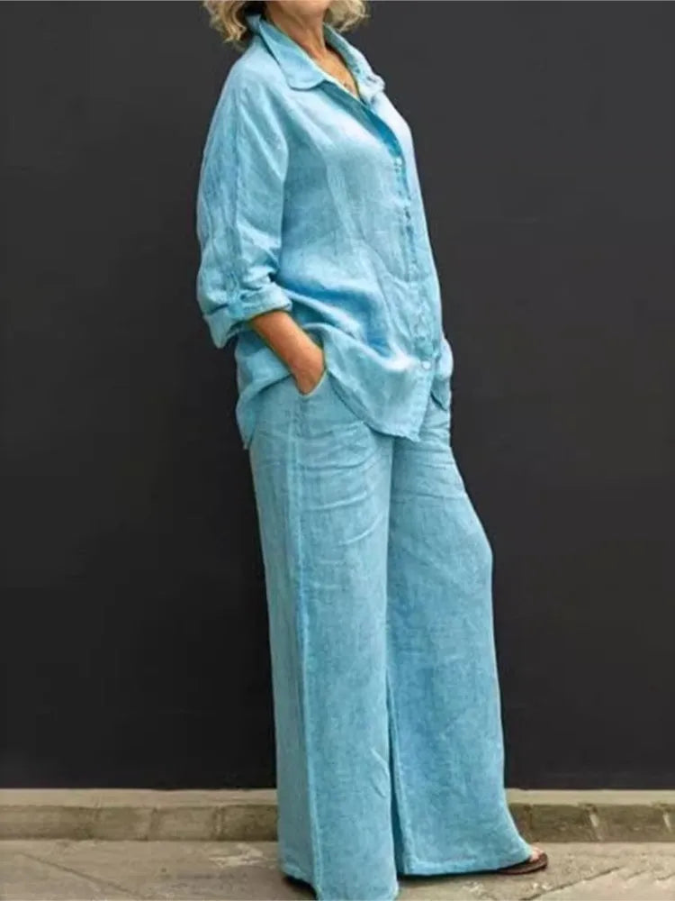 Solid Color Linen Two Piece Sets Women Outfits Spring Autumn Simple Long Sleeve Shirt Loose Trousets Set Office Casual Suit