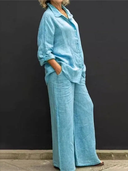 Solid Color Linen Two Piece Sets Women Outfits Spring Autumn Simple Long Sleeve Shirt Loose Trousets Set Office Casual Suit