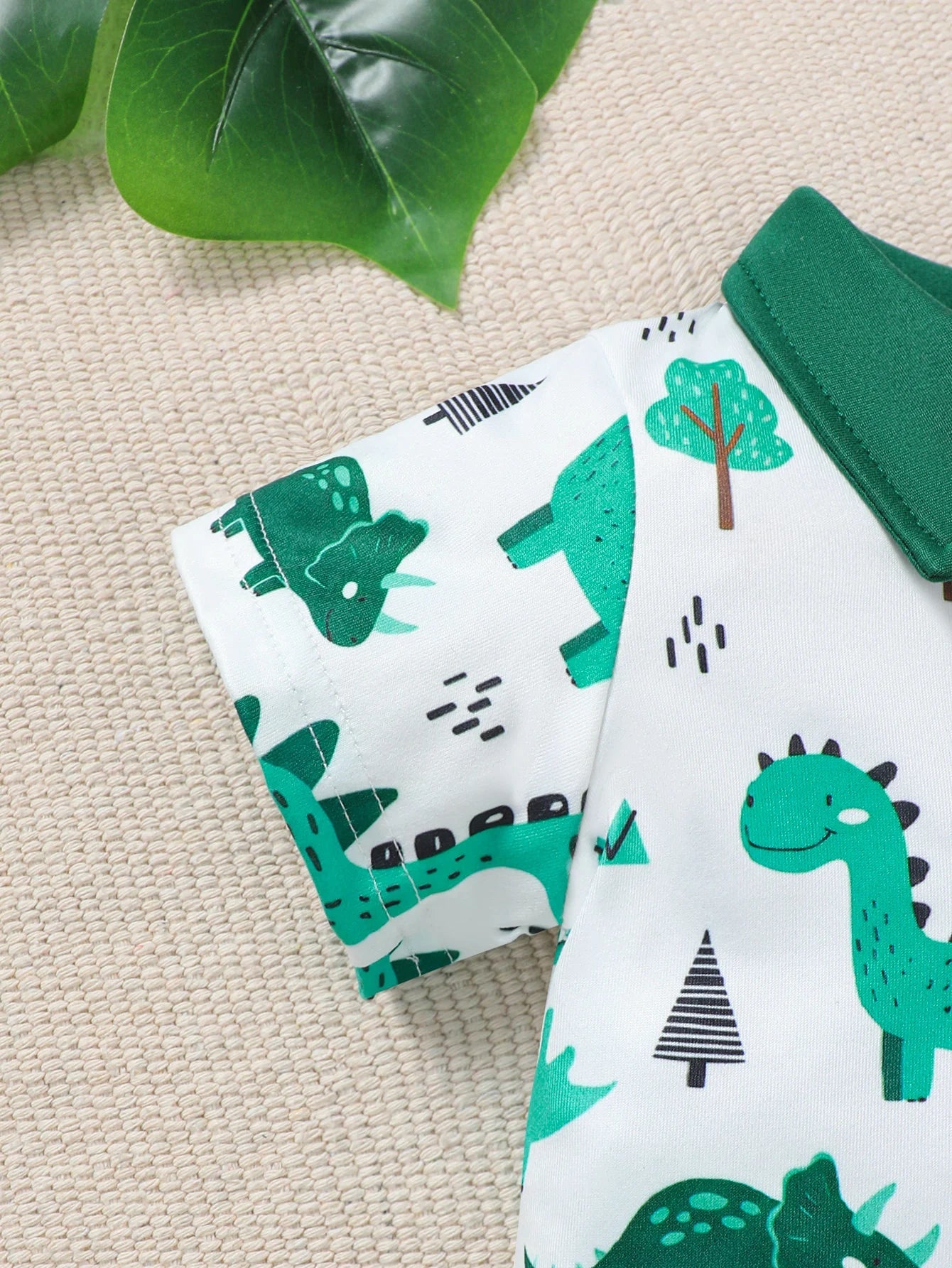 Baby Boy Summer Outfit 2-Piece Set Cartoon Dinosaur Print Polo Short Sleeve Romper with Fashionable Cute Overalls