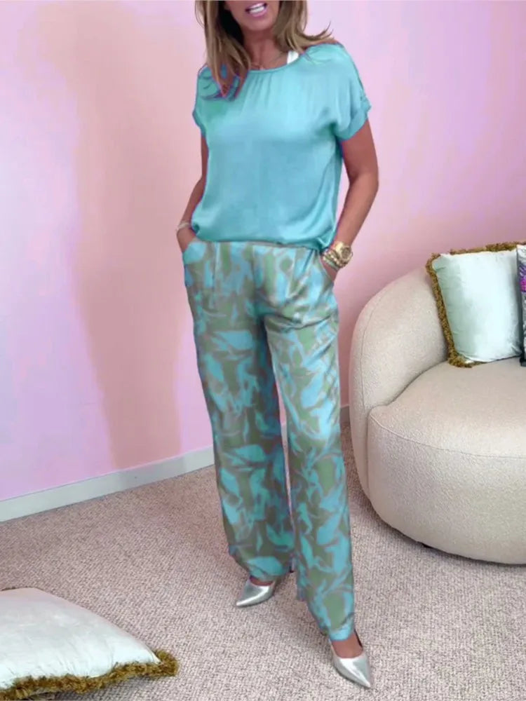 Casual O Neck Short Sleeved T Shirt Shirt Printed Trousers 2 Piece Spring Summer Elegant Women's Fashion Pocket Pants Office Set