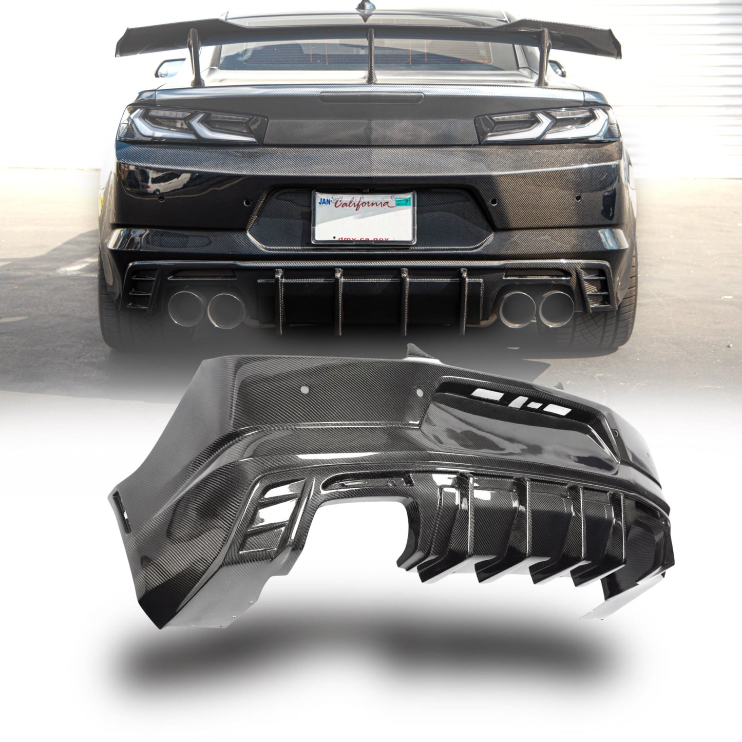 2016-2018 Camaro RS/SS/ZL1 Gloss Double Sided Carbon Fiber Rear Bumper w/Rear Diffuser Quad Tips 1pc