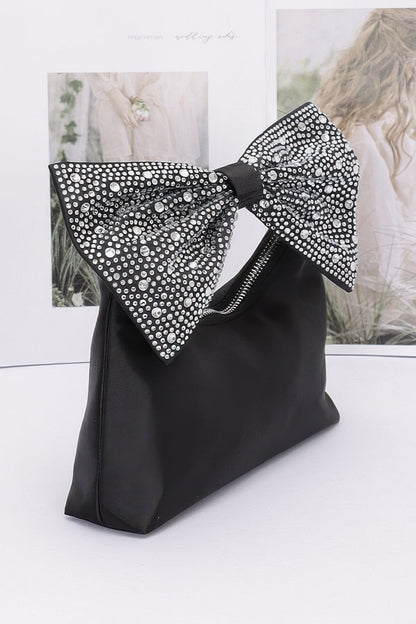 Rhinestone Hotfix Bow Handle Nylon Clutch