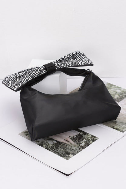 Rhinestone Hotfix Bow Handle Nylon Clutch