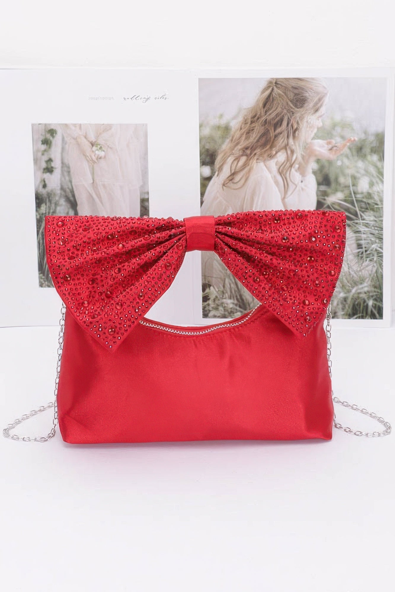 Rhinestone Hotfix Bow Handle Nylon Clutch