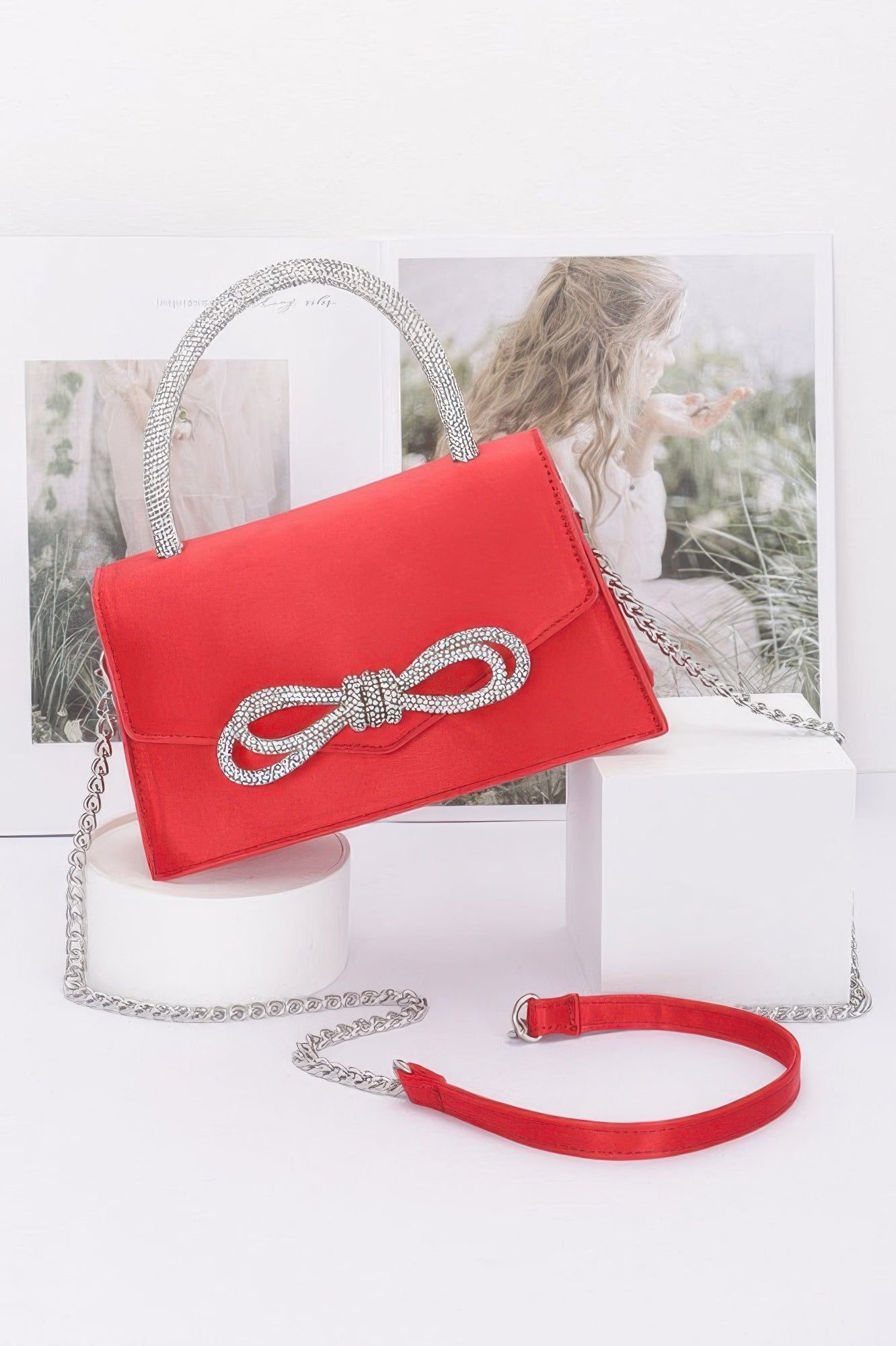 Rhinestone Ribbon Handle Flap Bag