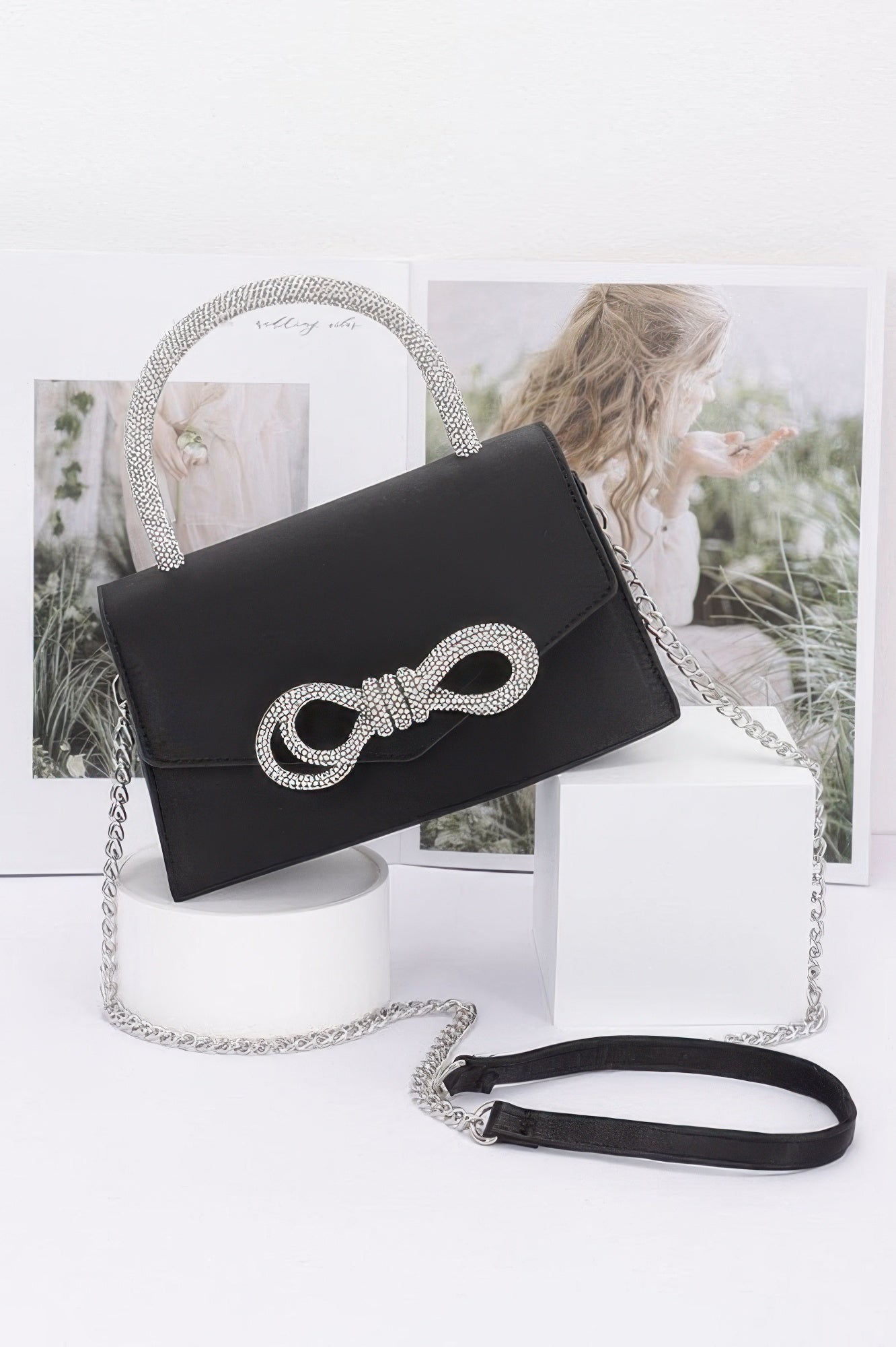 Rhinestone Ribbon Handle Flap Bag