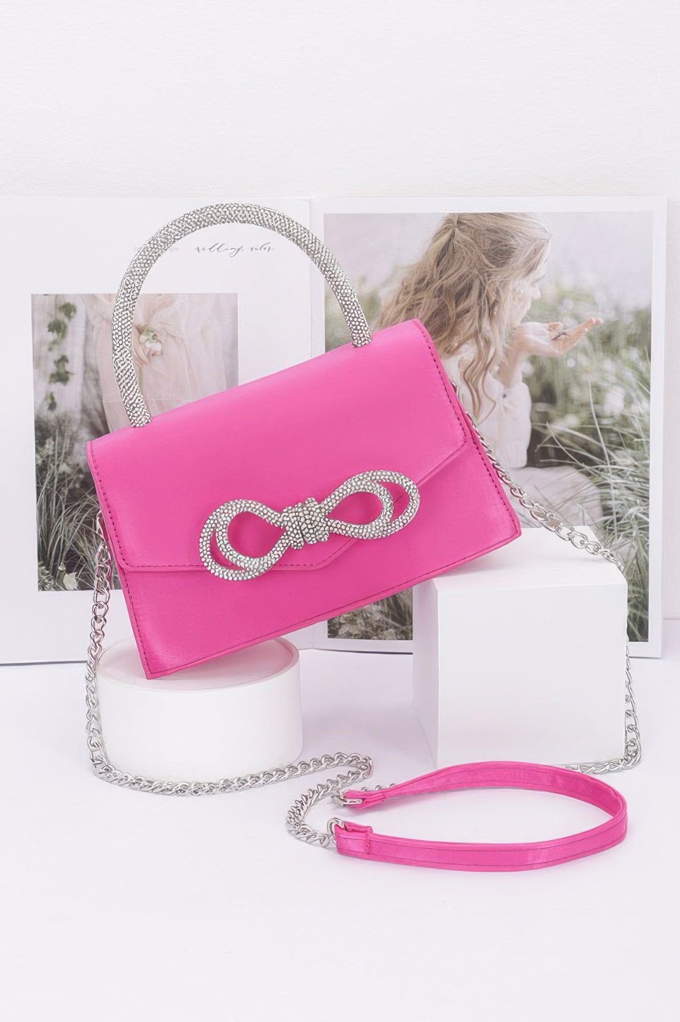 Rhinestone Ribbon Handle Flap Bag