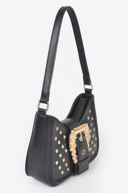 Faux Leather Studded Metal Buckle Shoulder Bag