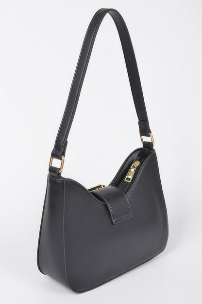 Faux Leather Studded Metal Buckle Shoulder Bag