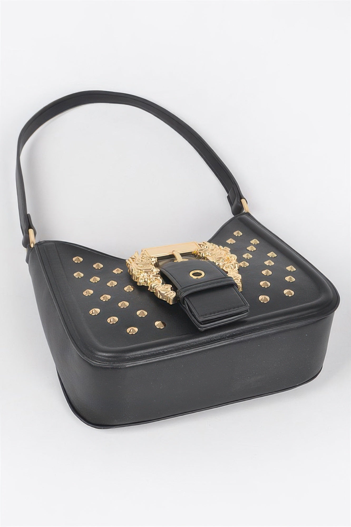Faux Leather Studded Metal Buckle Shoulder Bag