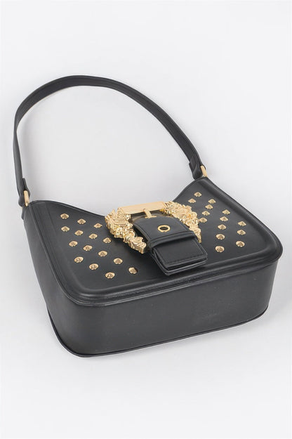 Faux Leather Studded Metal Buckle Shoulder Bag