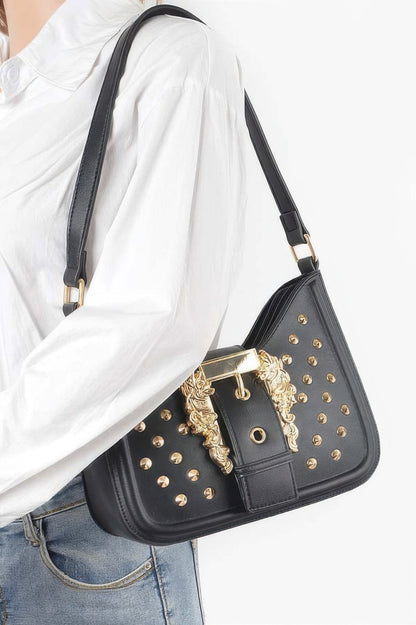 Faux Leather Studded Metal Buckle Shoulder Bag