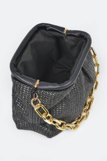 Faux Straw Frame Bag W/link Chain