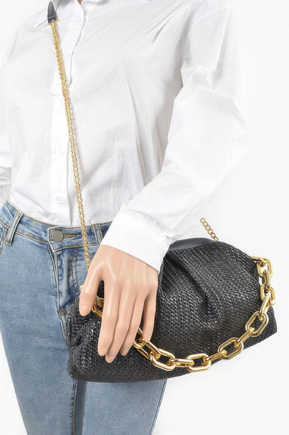 Faux Straw Frame Bag W/link Chain
