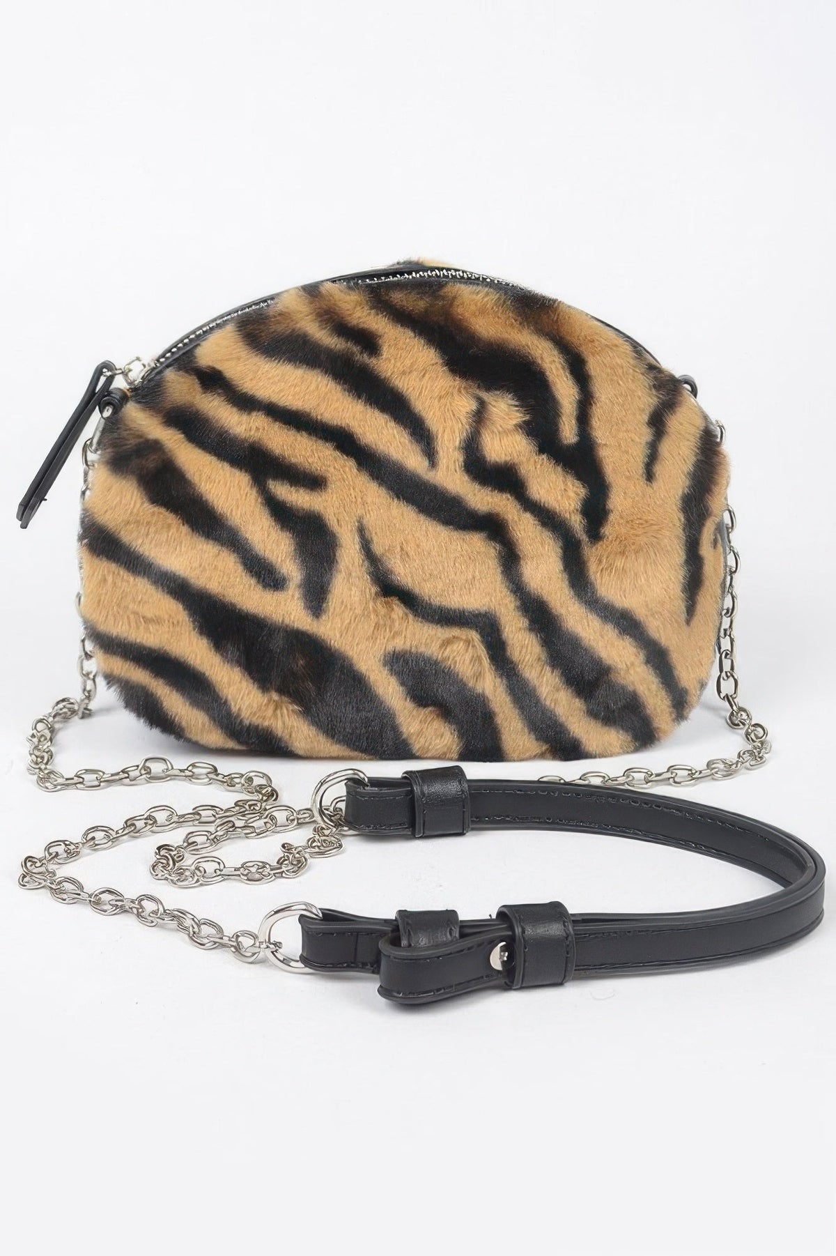 Tiger Print Fur Zip Crossbody Bag