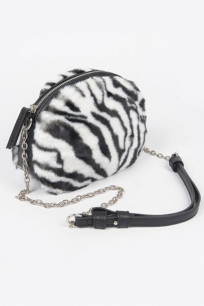 Tiger Print Fur Zip Crossbody Bag