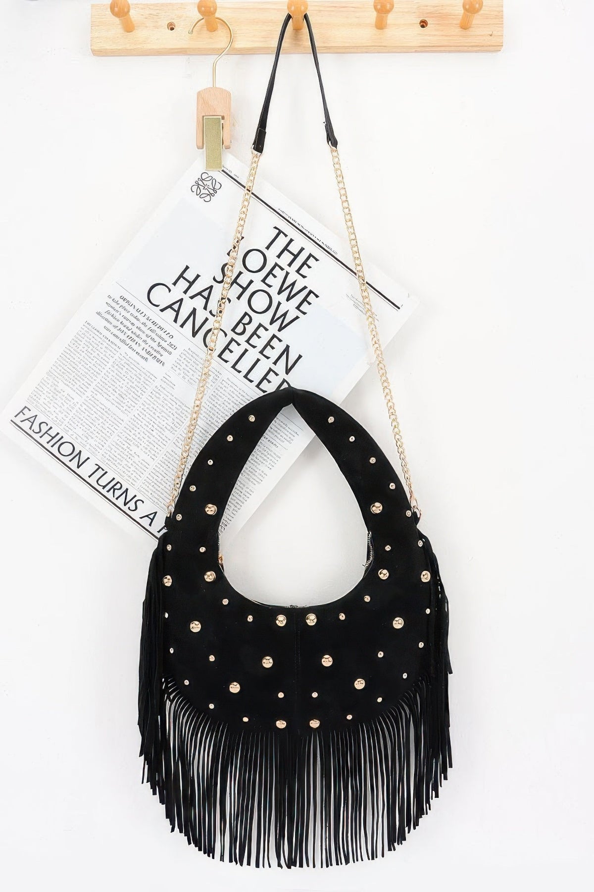 Faux Suede Metal Studded Fringe Hobo Bag