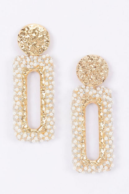 Textured Gold Disc And Pearl-encrusted Rectangular Drop Earr