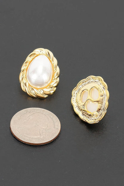 Teardrop Pearl Stud Earrings With Twisted Metal Frame