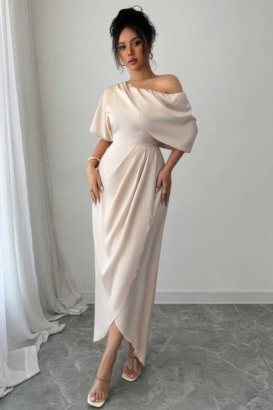 Solid One Shoulder Cross Ruched Dress
