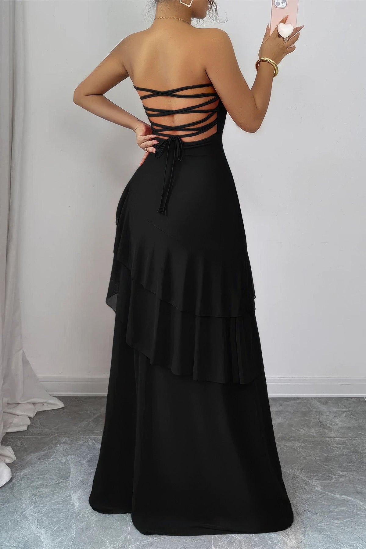 Off Shoulder Cross Back High Waist Layer Maxi Dress