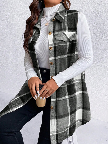 Pocketed Plaid Button Up Vest Coat