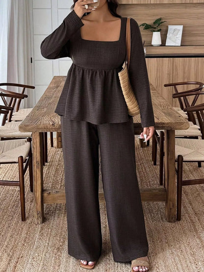 Square Neck Long Sleeve Top and Pants Two-Piece Set