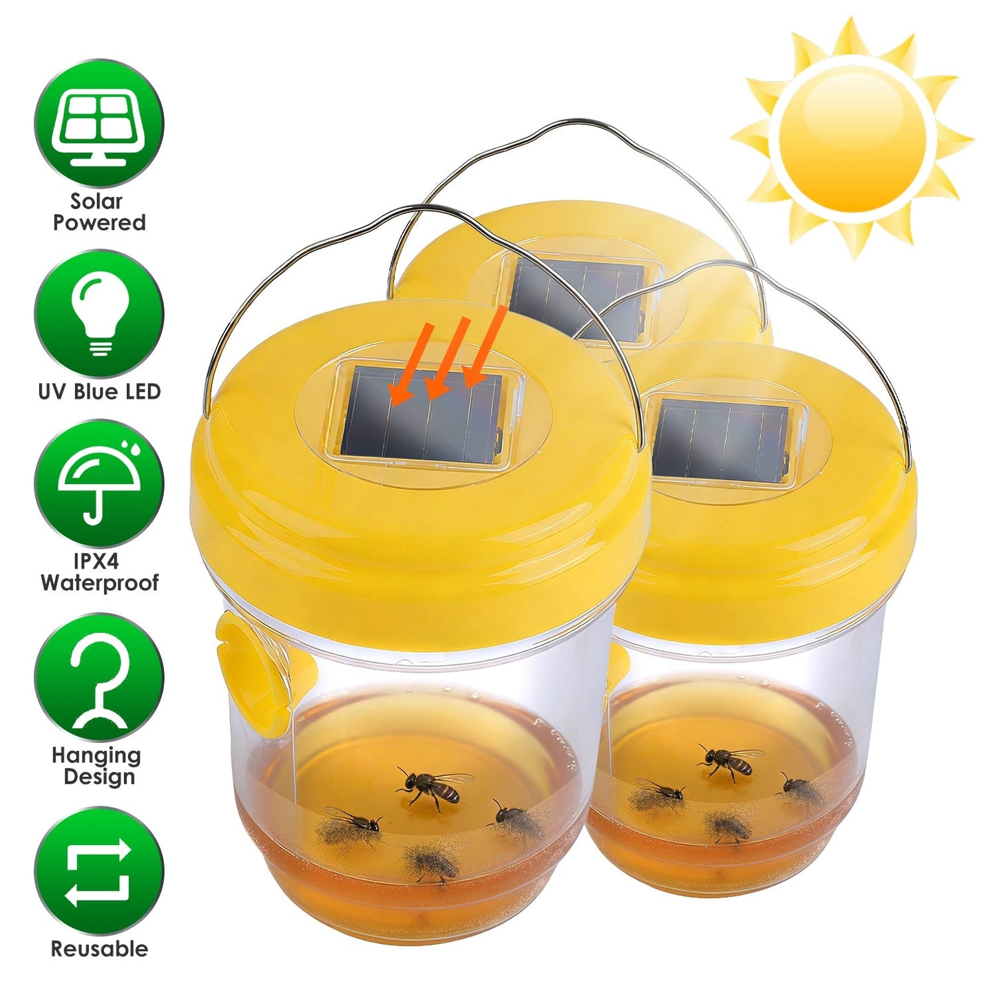 3Pack Solar Wasp Traps Outdoor Hanging Insect Catchers with UV Light for Paper Wasps Yellow Jackets Small Hornets Fruit Flies House Flies