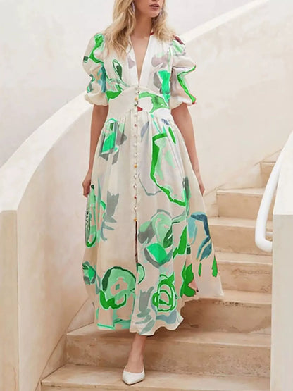Abstract Print Puff Sleeve Midi Dress