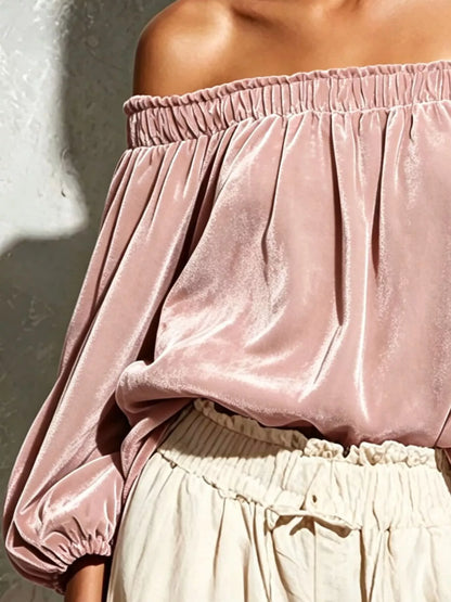 Off-Shoulder Velvet Long Sleeve T-Shirt