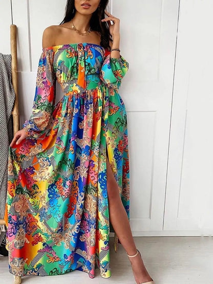 Slit Printed Off Shoulder Maxi Dress