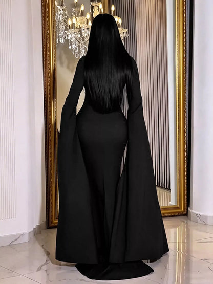 Rhinestone Slit Flare Sleeve Cape Maxi Dress