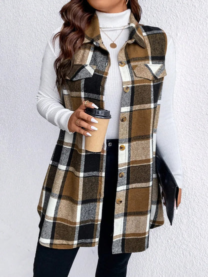 Pocketed Plaid Button Up Vest Coat