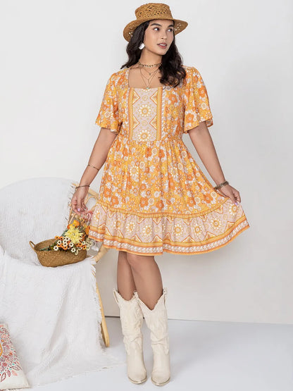 Printed Square Neck Short Sleeve Dress