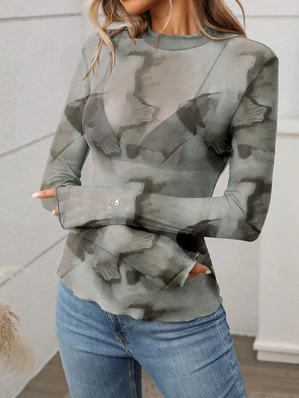 Printed Mock Neck Long Sleeve Mesh T-Shirt