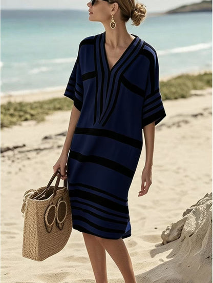 Striped Half Sleeve Midi Dress