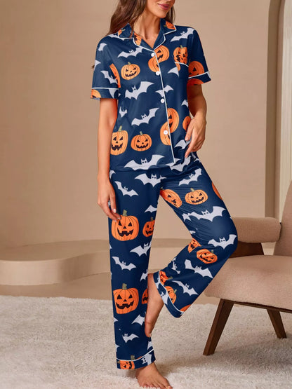Halloween Pumpkin and Bat Print Button-Down Top and Pants Lounge Set