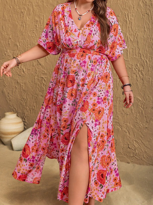 Slit Floral V-Neck Half Sleeve Maxi Dress