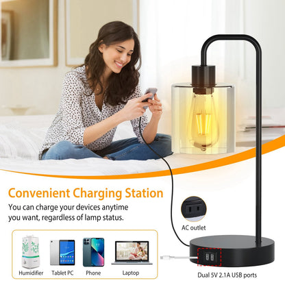 2Packs Touch Control Table Lamp 3-Way Dimmable Nightstand Reading Lamp With Glass Shade or Bedroom Living Room Dual USB Ports AC Power Outlet LED Bulb
