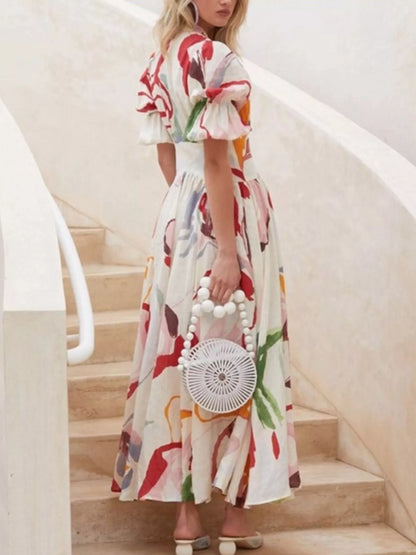 Abstract Print Puff Sleeve Midi Dress